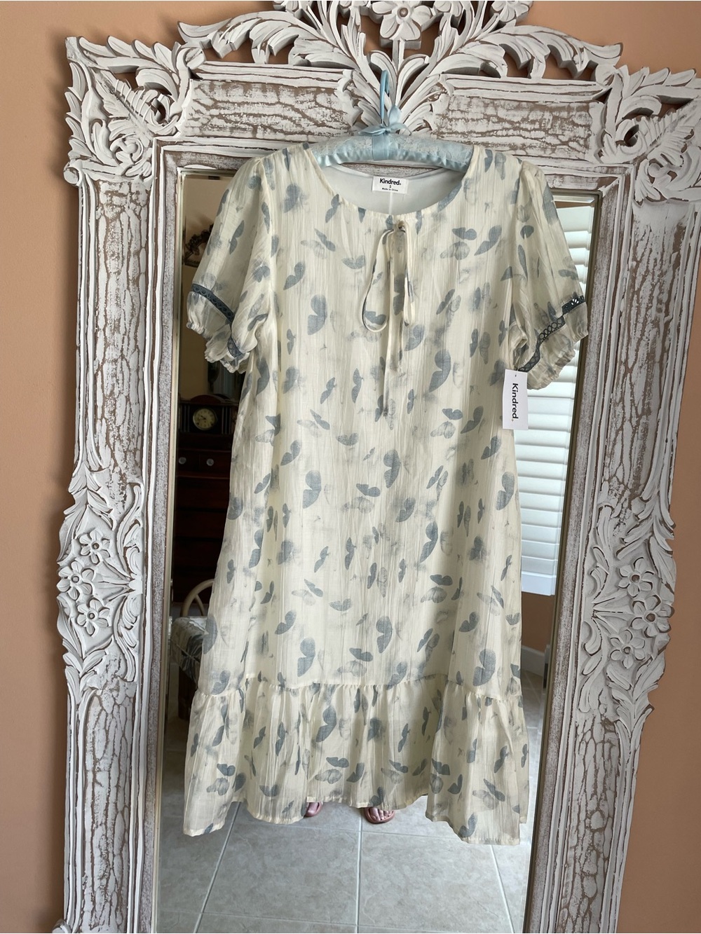 Kindred Sheer Poly Lined Blue Butterfly Print Tie Puff Sleeve Dress  S/M